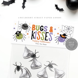 May include: A clear cellophane bag filled with Hershey's Kisses and decorated with black plastic spiders. The bag has a Halloween-themed header that reads "BUGS & KISSES" with spider illustrations and the text "Happy Halloween!"