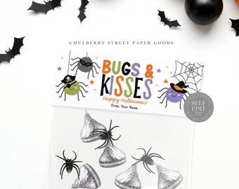 Bugs and Kisses Halloween Bag Topper Printable Digital Download Spider Halloween Party Favors Classroom Treat Bag Canva Template Corjl