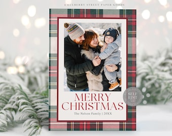 Tarjeta fotográfica navideña editable, imprimible, descarga digital, personaliza tu tarjeta navideña con cuadros rojos y verdes, plantilla Canva personalizada, Corjl