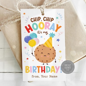 Op de afbeelding: Een verjaardagscadeaulabel met een cartoonkoekje met een feesthoedje en ballonnen. Het label leest "Chip, Chip Hooray it's my Birthday!" in kleurrijke tekst. Een cadeau verpakt in bruin papier staat op de achtergrond.