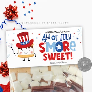 4th of July Smores Treat Bag Topper Printable Fourth of July Party Favors Smores Bag Topper Canva Template Instant Download Independence Day