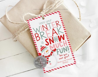May include: A rectangular gift tag with red and white striped borders featuring a snowman illustration and the text: Hope your WINTER BREAK is SNOW MUCH FUN! See you next year! from your friend, Hailey. The tag has a hole for hanging.