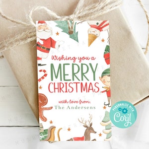 Ik wens je een vrolijk kerstfeest cadeaulabel afdrukbaar, alle tekst volledig bewerkbaar label voor feestdag, downloadbaar, personaliseren met Corjl