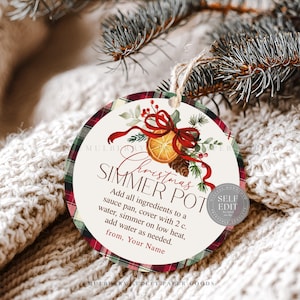 May include: A round Christmas simmer pot tag with a plaid border, featuring a festive design with a red ribbon, orange slice, and pine sprigs. The tag includes instructions and a space to add a name.