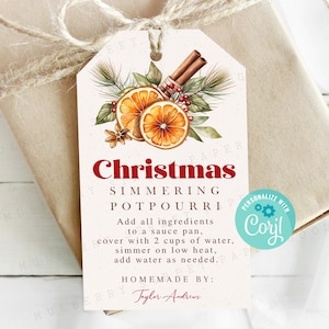 Christmas Simmering Potpourri Gift Tag, Simmer Pot Instructions Tag Printable, Teacher Staff Client Secret Santa, Personalize with Corjl