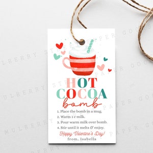 Etiqueta de regalo imprimible con bomba de chocolate caliente para San Valentín, etiqueta imprimible con bomba de chocolate caliente para San Valentín, etiqueta de feliz día de San Valentín, edita con Corjl