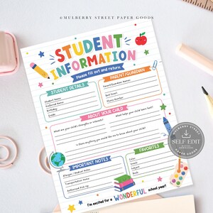 May include: A white student information form with colorful school-themed graphics including a globe, apple, pencil, and books. The document features sections for student details, parent contact, child interests, favorites, and important notes.