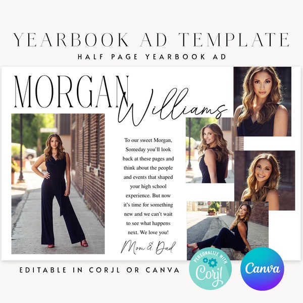 Half Page High School Senior Yearbook Ad, Senior Graduation Tribute Half Page Template, Fully Editable in Canva, 1/2 Page Editable Ad