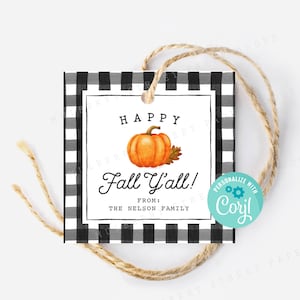 Printable Happy Fall Y'all Gift Tag, Autumn Treat Favor Bag Tag, Fall Treats Tag Printable, Personalize with Corjl