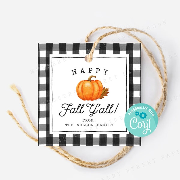 Printable Happy Fall Y'all Gift Tag, Autumn Treat Favor Bag Tag, Fall Treats Tag Printable, Personalize with Corjl