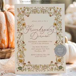 May include: A Friendsgiving Dinner invitation card with floral border. The card features the text "Friendsgiving Dinner" and event details. Pumpkins and a woven basket are in the background.