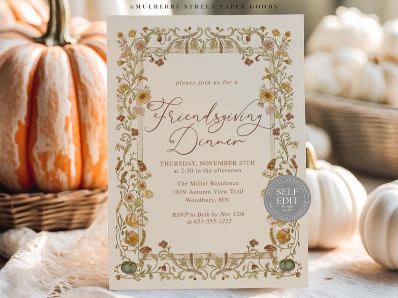 May include: A Friendsgiving Dinner invitation card with floral border. The card features the text "Friendsgiving Dinner" and event details. Pumpkins and a woven basket are in the background.