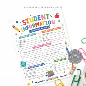 Formulário de Informações do Aluno Editável - Modelo Canva, Questionário para Pais sobre o Retorno às Aulas (Imprimível)