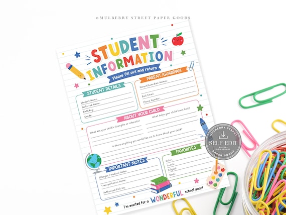 Editable Student Information Form Canva Template, Back to School Parent Questionnaire Printable
