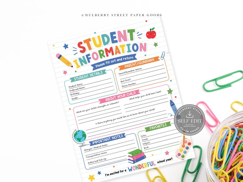 Editable Student Information Form Canva Template, Back to School Parent Questionnaire Printable image 1