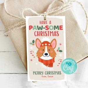 Druckbarer niedlicher Weihnachtshund Geschenkanhänger, bearbeitbarer Welpen-Feiertags-Belohnungsanhänger, Weihnachtsfeier-Bevorzugungsanhänger, aller Text bearbeitbar in Corjl