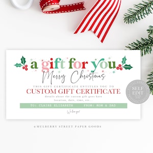 Editable Gift Certificate Template Custom Christmas Gift Voucher Canva Template Gift Certificate Printable Personalized Christmas Gift Corjl