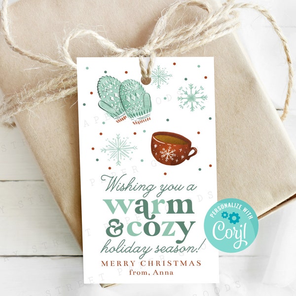 Wishing you a Warm and Cozy Holiday Season Printable Gift Tag, Mittens and Hot Chocolate Mug Christmas Gift Tag, Xmas Favor Gift Tag