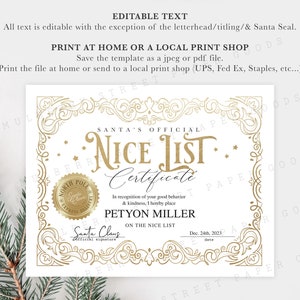 Official North Pole Nice List Certificate Printable, Customizable Santa ...