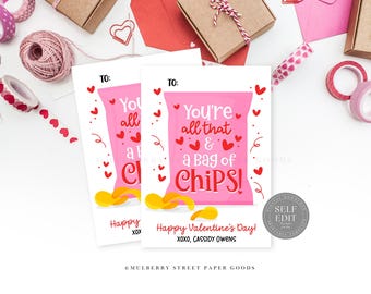 Bag of Chips Valentine Card Canva Template Potato Chips Classroom Valentine Printable Valentine's Day Party Favor Instant Download Corjl