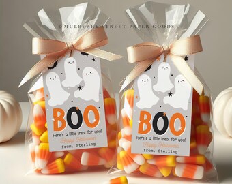 Etichetta per bomboniere per feste di Halloween stampabile Etichetta Little Treat Boo Etichetta per borsa Dolcetto o scherzetto fantasma di Halloween Modificabile Download immediato Corjl