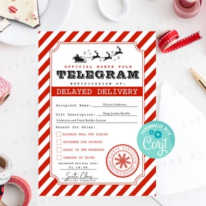 Druckbare verspätete Geschenkbenachrichtigung Weihnachtskarte, Lieferverspätung Weihnachtsgeschenk Nordpol Santa verspätete Geschenkbrief Sofortiger Download Bearbeitbar