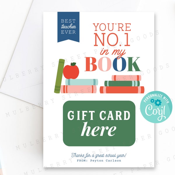 Printable Teacher Appreciation You're Number One in My Book Gift Card Holder, Last Day of School Teacher Gift, Book Lover Gift Card Holder