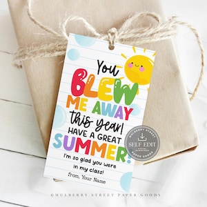 May include: A gift tag with the text "You BLEW ME AWAY this year! HAVE A GREAT SUMMER!" in colorful letters. The tag has a yellow sun illustration and is tied to a wrapped gift with twine.