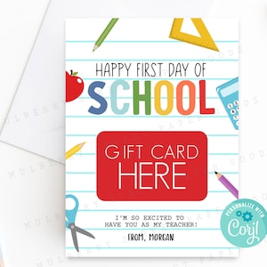 Druckbarer erster Schultag Geschenkkartenhalter, Willkommen zurück in der Schullehrer Geschenkidee, Personalisieren mit Corjl, 13x18 Geschenkkartenhalter