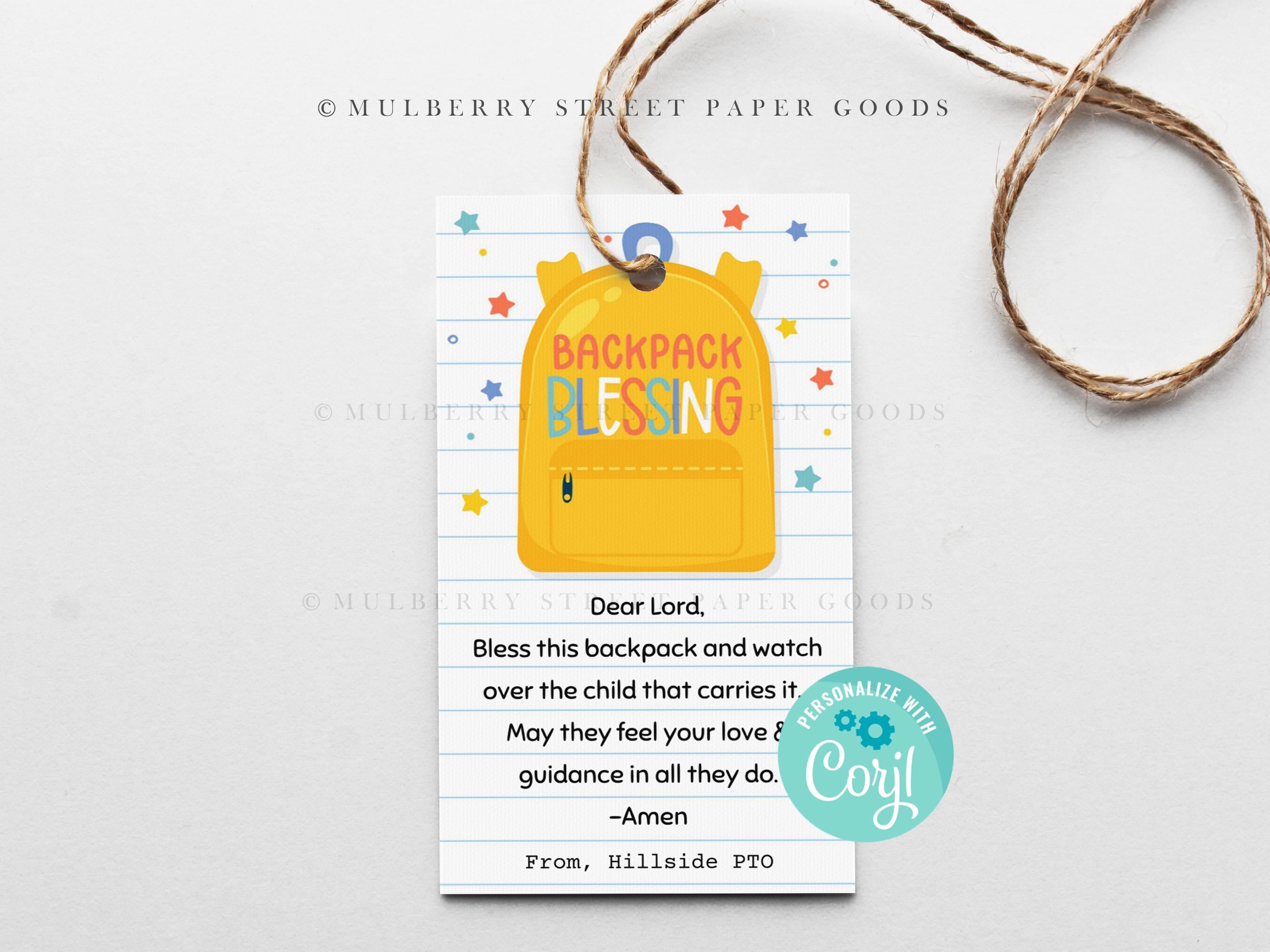 Editable Backpack Blessing Tag Printable Back to School Instant Download First Day of School Prayer Tag 1st Day of School Blessing Corjl