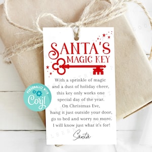 Etiqueta mágica para chaves do Papai Noel para impressão, instruções para chaves mágicas do Papai Noel da tradição de Natal, etiqueta editável para lembranças de chaves do Papai Noel
