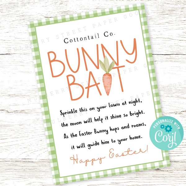 Printable Gingham Bunny Bait Instructions Tag, Easter Bunny Bait Card, Kids Easter Tradition Easter Bunny Bait Printable, Edit with Corjl