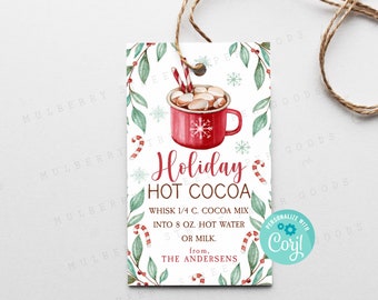 Etiqueta de regalo de chocolate caliente navideño imprimible, etiqueta de regalo de chocolate caliente navideño, etiqueta de instrucciones de chocolate caliente con menta para Navidad, editable