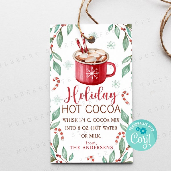 Printable Holiday Hot Cocoa Gift Tag, Christmas Hot Chocolate Treat Tag, Xmas Peppermint Hot Chocolate Instructions Tag, Editable