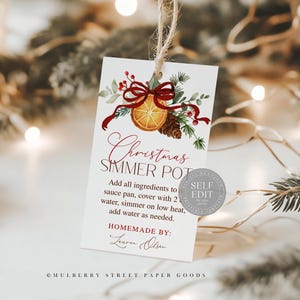 Pode incluir: Uma etiqueta branca de Christmas Simmer Pot com um design em aquarela de uma fatia de laranja, um pinha e uma fita vermelha. A etiqueta inclui instruções e o texto "Homemade by: Lauren Olsen."