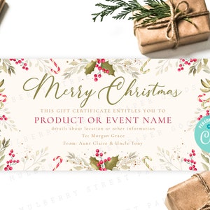 Bewerkbare kerstcadeaubon, afdrukbare aangepaste cadeaubon, alle tekst bewerkbare kerstcadeaukaartsjabloon, aanpasbaar met Corjl