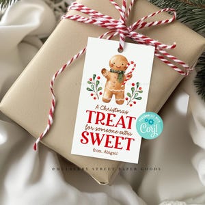 May include: A white gift tag with a gingerbread man illustration and the text "A Christmas Treat for someone extra Sweet from Abigail".