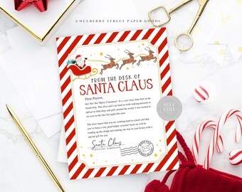 May include: A printable letter from Santa Claus with red and white candy cane stripes, gold accents, and a cartoon illustration of Santa Claus in his sleigh with reindeer. The letter is addressed to Peyton and includes the text "From the Desk of Santa Claus".