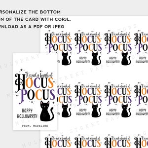 May include: White Halloween-themed cards and stickers with the text "It's just a bunch of Hocus Pocus" in black, orange, and purple. Each design includes a black cat silhouette and the words "Happy Halloween!"