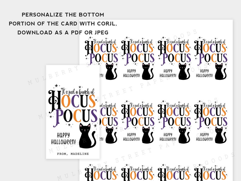 May include: White Halloween-themed cards and stickers with the text "It's just a bunch of Hocus Pocus" in black, orange, and purple. Each design includes a black cat silhouette and the words "Happy Halloween!"