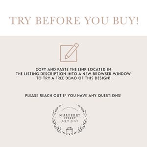 May include: A light beige graphic with text that reads "TRY BEFORE YOU BUY!" and instructions to copy and paste a link for a free demo. A logo for Mulberry Street Paper Goods is at the bottom.