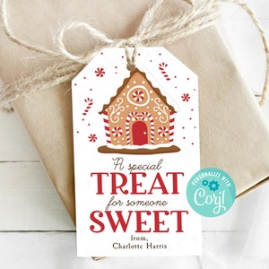 Etiqueta de regalo de Navidad imprimible con un regalo especial para alguien dulce, etiqueta de recuerdo de fiesta navideña con casa de jengibre, personalice con Corjl