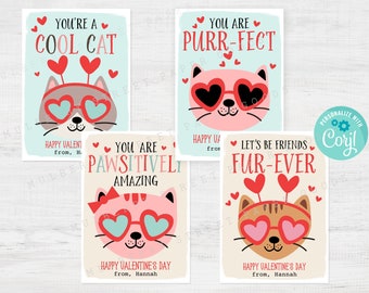 Printable Cat Valentine's Day Cards for Kids Classroom Kitten Valentine Card Personalize with Corjl DIY Instant Download Kitty Cat Valentine