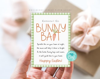 May include: Green and white checkered card with the text "Cottontail Co. Bunny Bait" and a cartoon carrot. The card reads "Sprinkle this on your lawn at night, the moon will help it shine so bright. As the Easter Bunny hops and roams, it will guide him to your home. Happy Easter!"