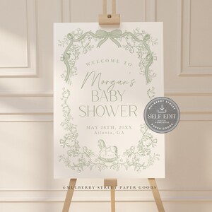 Pu&ograve; includere: Un cartello per baby shower su un cavalletto. Il cartello presenta un design floreale verde attorno al testo "Welcome to Morgan's Baby Shower". Vengono visualizzati anche la data e il luogo. Un adesivo di auto-modifica &egrave; nell'angolo.