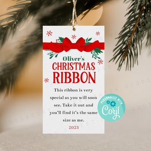 Kerstlint ornament label afdrukbaar, kinderkerstlint meting aandenken ornament, personaliseren met Corjl, direct downloaden