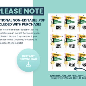 Puede incluir: Una descarga digital con etiquetas en forma de bander&iacute;n con el texto "Happy First Day!" y "It's going to be a GREAT YEAR!" en negro, verde y amarillo. La imagen tambi&eacute;n incluye instrucciones y una llamada a la descarga instant&aacute;nea.