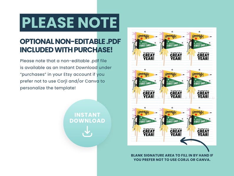 Puede incluir: Una descarga digital con etiquetas en forma de bander&iacute;n con el texto "Happy First Day!" y "It's going to be a GREAT YEAR!" en negro, verde y amarillo. La imagen tambi&eacute;n incluye instrucciones y una llamada a la descarga instant&aacute;nea.