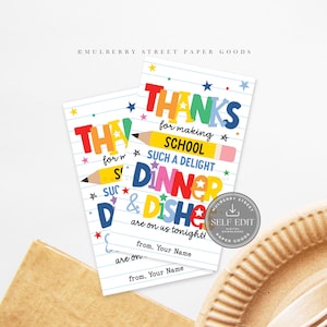 May include: Two colorful thank you cards with the text "THANKS for making SCHOOL such a delight" and "DINNER & Dishes are on us tonight!" The cards have a lined paper design with stars and pencil illustrations. The cards are next to a brown plate and a wooden utensil.