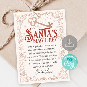 Cartão com instruções para a chave mágica do Papai Noel para impressão, tradição da chave mágica da véspera de Natal, download instantâneo, personalize com Corjl